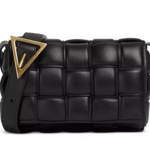 New Bottega Veneta Black Padded Cassette Intreccio Leather Shoulder Bag